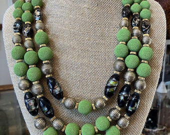 RARE Vintage HOBE '50s Tri-Strand Green Art Glass & Gold Tone Necklace Faience