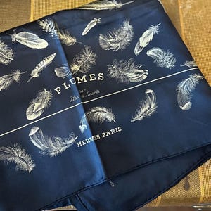 Vintage Designer Hermes Silk Scarf Black with Champagne Color Plumes H. Linares Bird Feather Pattern Made in France
