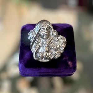 Antique Art Nouveau Repousse Silver Plated Sleeping Beauty Woman Nymph Floral Brooch Pin C-Clasp