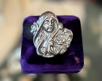 Antique Art Nouveau Repousse Silver Plated Sleeping Beauty Woman Nymph Floral Brooch Pin C-Clasp