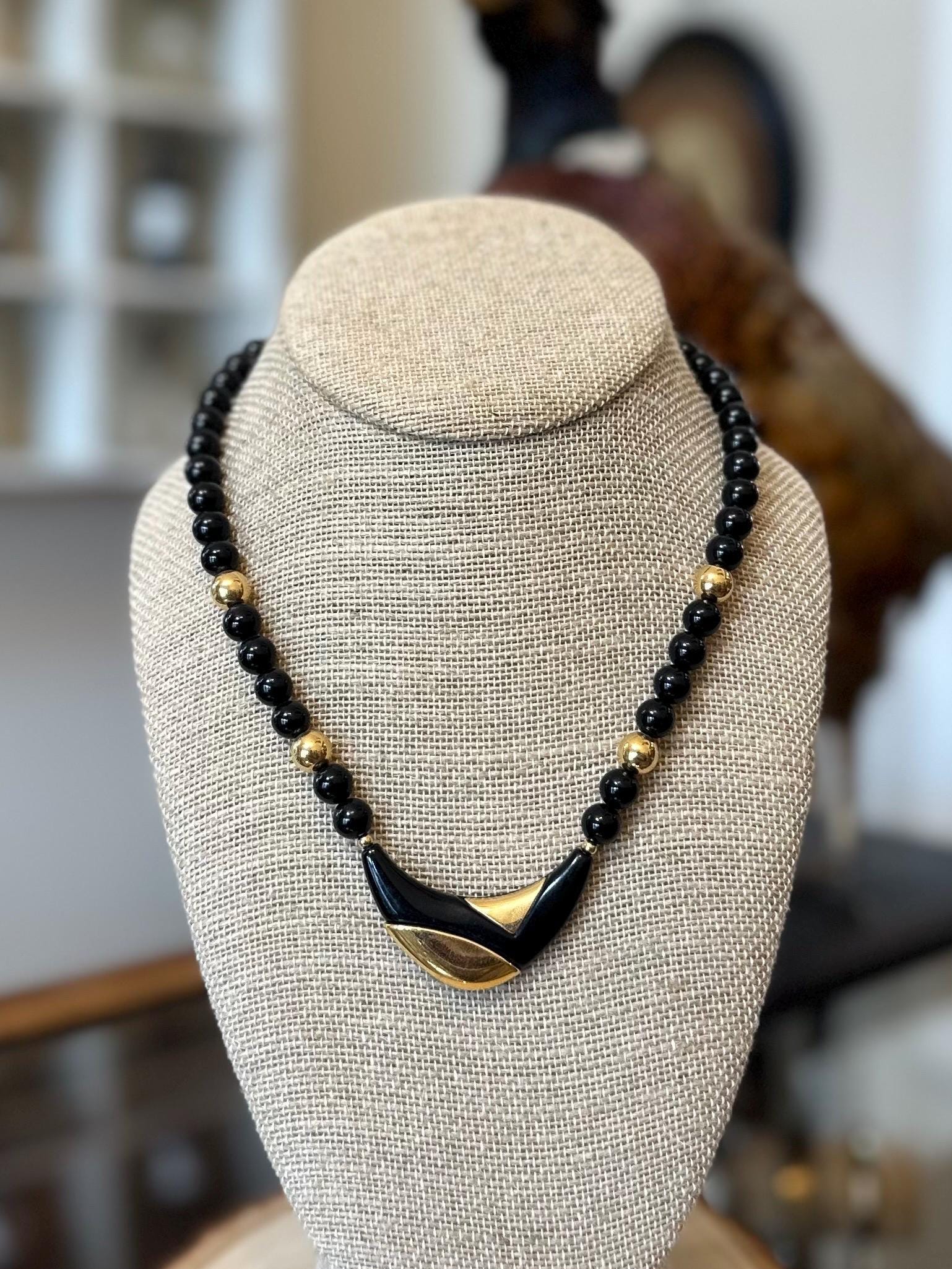 Vintage 1980s Signed Napier Gold Tone & Black Beaded Modernist