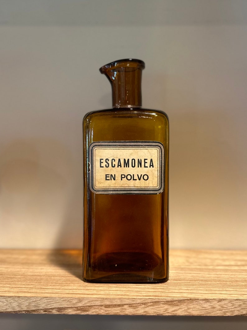 Vintage Brown Colored Glass Medical Herbal Apothecary Bottle Escamonea en Polvo Antiparasitic Label 8.75 image 1