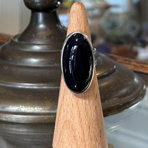 Vintage Hallmarked GL SN Sterling Silver Black Onyx Cabochon Statement Ring US Size 7 1/4