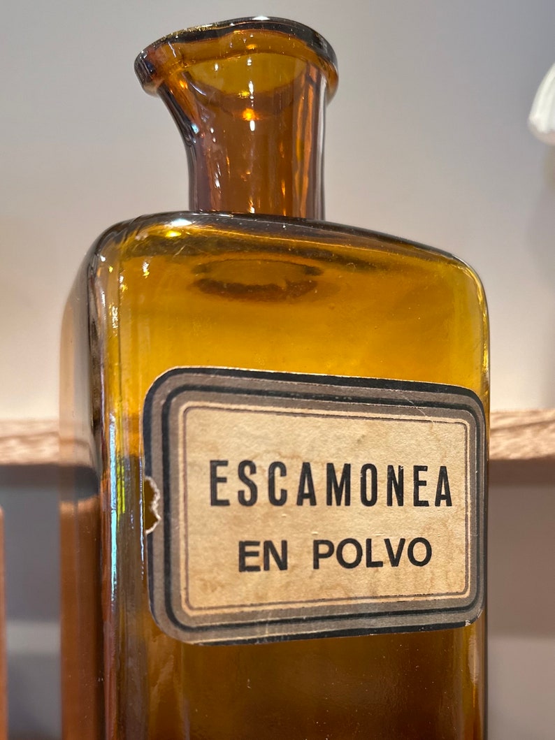 Vintage Brown Colored Glass Medical Herbal Apothecary Bottle Escamonea en Polvo Antiparasitic Label 8.75 image 5