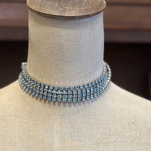 Long Vintage Silver Tone Light Blue Glass Rhinestone Necklace 55”