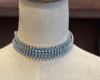 Long Vintage Silver Tone Light Blue Glass Rhinestone Necklace 55”