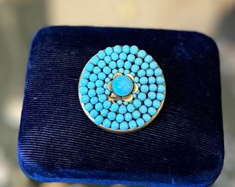 Vintage 1930s Czech Glass Blue Beads Hand Strung on Brass Round Brooch Pin Trombone Clasp