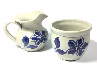 WPF Handmade Pottery Creamer Pitcher and Sugar Bowl Ceramic Blue Flowers Salt Glaze