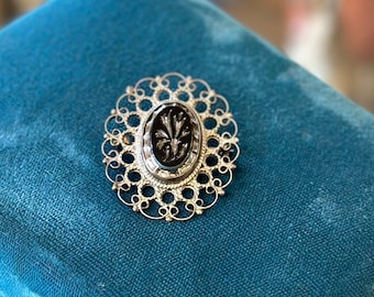 Plata De Jalisco Mexico Vintage Sterling Silver Black Floral Intaglio Pendant & Brooch