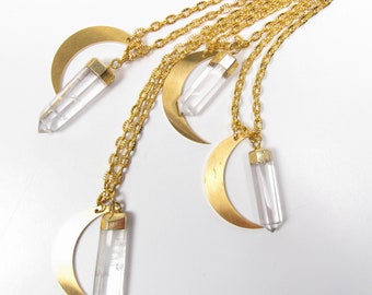 Gold Tone Crescent Moon and Clear Quartz  Necklace by Violet & Fawn