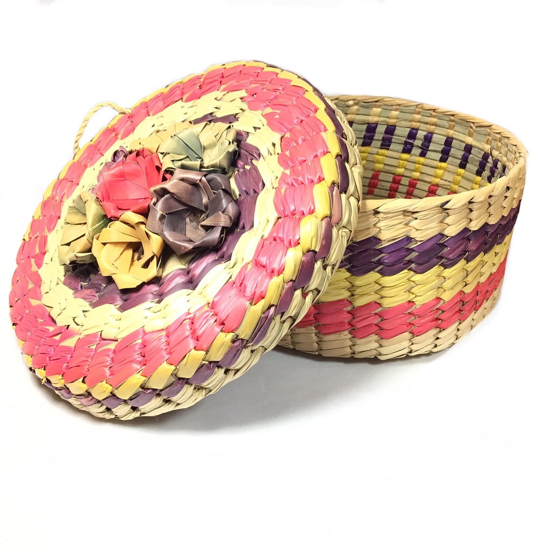 Vintage Raffia Woven Basket with Lid Colorful Flowers Etsy