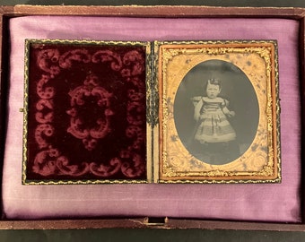 Antique Child Daguerreotype Ambrotype Leather Case Burgundy Velvet Child Little Girl Photograph Portrait