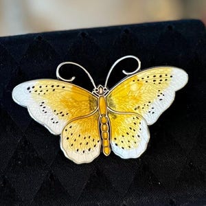 Vintage 1950s Signed Hroar Prydz Sterling Silver & Guilloche Enamel Yellow, White, and Black Butterfly Brooch Midcentury