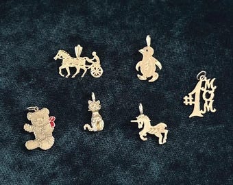 You Pick! Vintage 14k Yellow Gold Charms Pendants | Penguin, Chariot, Cat, Teddy Bear, #1 Mom, Unicorn