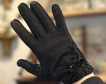 Luvas femininas de algodão duplo com lantejoulas de semente vintage embelezadas pretas Hong Kong tamanho 6 1/2 meados do século