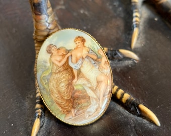 Vintage Goldtone Transfer Print over Porcelain Women Dressing Pin Brooch Cameo