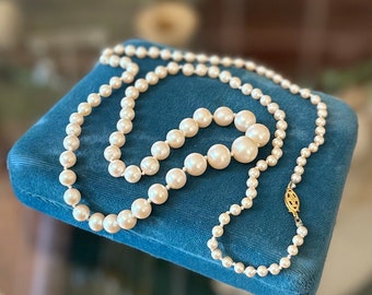 Vintage Long Graduated Cultured Pearl Beaded Necklace with Fishhook Clasp Midcentury 30”