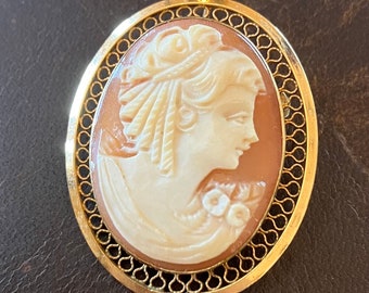 DANECRAFT Vintage 12K Gold Filled Carved Shell Cameo Pin & Pendant Filigree Oval