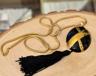 Vintage Signed Monet Gold Tone and Black Enamel Statement Pendant Tassel Necklace 30.25”