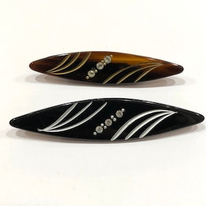 Uw keuze! Vintage Zwart of Bruin Lucite & Rijnsteen Broche Art Deco