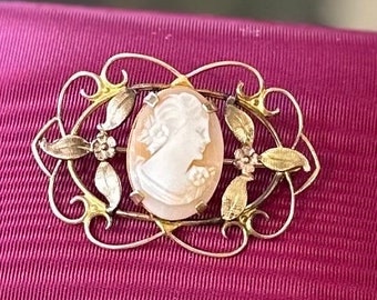 Vintage 1940s Handcarved Pink Shell Cameo Prong Set 1/20 12k Gold Filled Floral Brooch