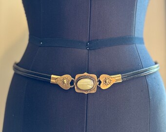 Vintage 1970s Southwestern Style Black Leather Belt with Brass Heart & Floral Adornments Genuine Agate Stone