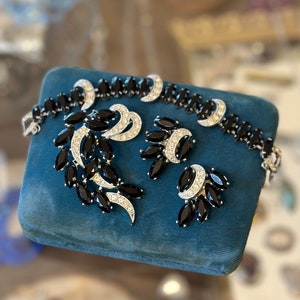 Vintage 1960s Sarah Cov Vienna Nights Black and Rhinestone Costume Bracelet, Brooch, and Clip-on Earrings