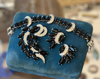Vintage 1960s Sarah Cov Vienna Nights Black and Rhinestone Costume Bracelet, Brooch, and Clip-on Earrings