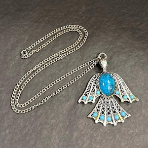 Vintage Southwestern Large Thunderbird Faux Turquoise Cabochon & Silver Tone Pendant Necklace Statement 24.25”