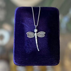 Vintage Sterling Silver Dragonfly Pendant Necklace Box Chain 20.25”
