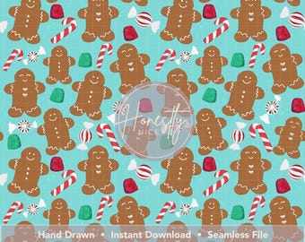 Holiday Treats Seamless Pattern – Gingerbread Men, Candy Canes PNG 300DPI Digital Download