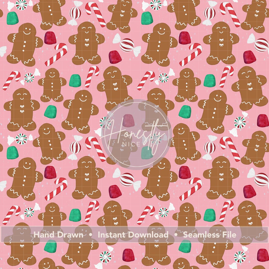 Pink Holiday Treats Seamless Pattern – Gingerbread Men, Candy Canes PNG ...