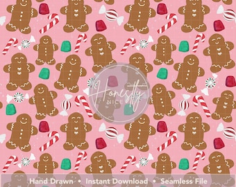 Pink Holiday Treats Seamless Pattern – Gingerbread Men, Candy Canes PNG 300DPI Digital Download