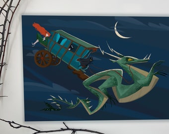 Travellers At Night Art Print | Dragon Illustration Print