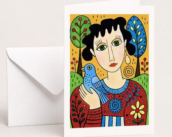 Folk Art Woman with Bird Greeting Card, Blank Art Card with Envelope, Original Whimsical Illustration