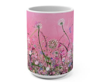 Pink Wildflower Meadow Mug | Dandelion Floral 15oz Ceramic - original art