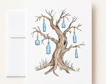 Blue Bottle Tree Greeting Card, Blank folklore Art Card with Envelope, Original Magical Illustration