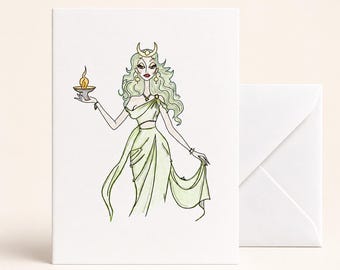 Green Goddess Greeting Card, Blank Mystical Art Card with Envelope, Original Glamour Goddess Illustration