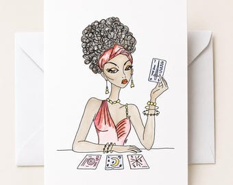 New Orleans Tarot Reader Greeting Card, Blank 4.25 x 5.5 inch Fortune Teller Art Card with Envelope, Original Mystical Illustration