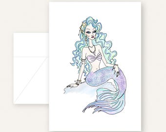 Mermaid Greeting Card, Blank Fantasy Art Card with Envelope, Original Ocean Glamour Illustration