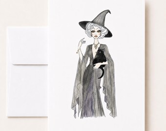 Witch with Black Cat Greeting Card, Blank Witchy Art Card with Envelope, Original Glamour Girl Illustration