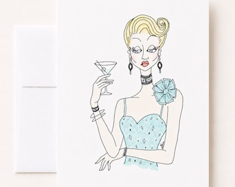 Glamorous Cocktail Woman Greeting Card, Blank Art Card, Original Fashion Illustration Card with Envelope