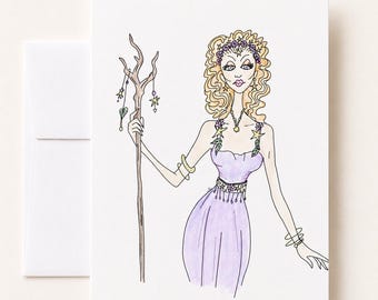 Boho Witch Greeting Card, Blank Witchy Art Card with Envelope, Original Glamour Girl Illustration