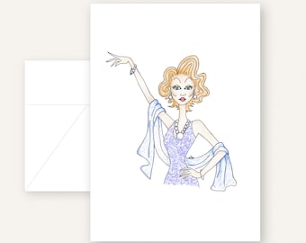 Glamorous Blonde Greeting Card, Blank Fashion Art Card with Envelope, Original Glamour Girl Illustration