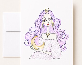 Moon Princess Greeting Card, Blank Fantasy Art Card with Envelope, Original Glamour Girl Illustration