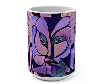 Abstract Face Mug, Original Acrylic Portrait Art Mug, Purple Pink Modern Art Coffee Cup, 15oz Ceramic Mug, original art by Gee