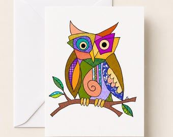 Abstract Owl Greeting Card, Blank Colorful Animal Art Card with Envelope, Original Whimsical Owl Illustration