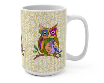 Colorful Owl Abstract Illustration Mug | 15oz Ceramic Coffee Cup - original art