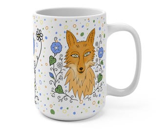 Folk Art Fox & Morning Glory Floral Mug — 15oz Cute Woodland Coffee Cup - original art