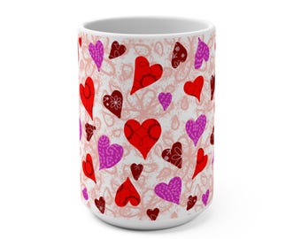 Hand-drawn Hearts Mug | Valentine Pattern Ceramic Coffee Cup - original artwork